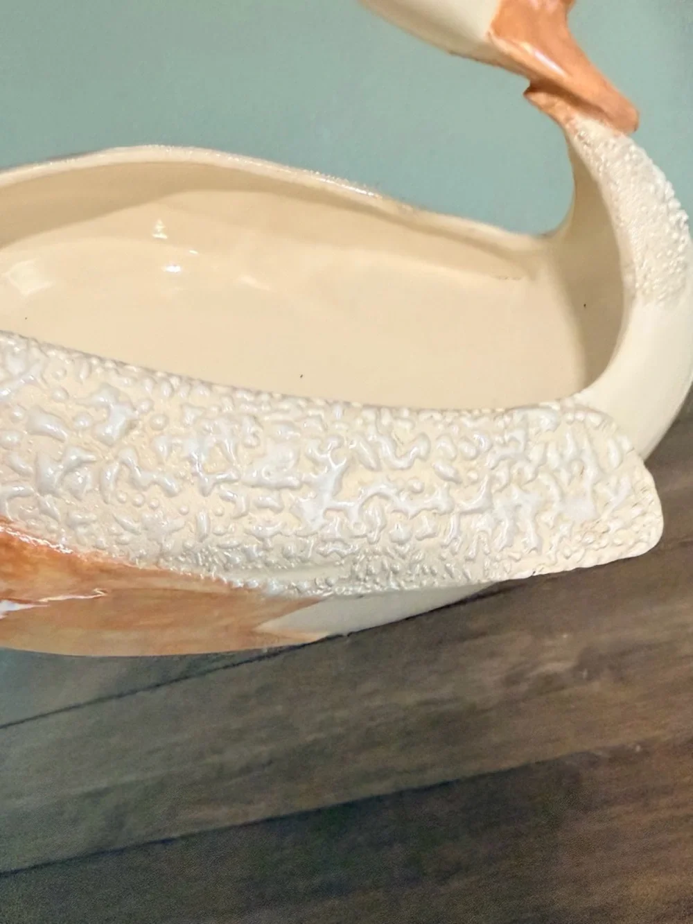 vintage Ceramic Swan Basket - planter  Cream and Peach Decorative Bowl